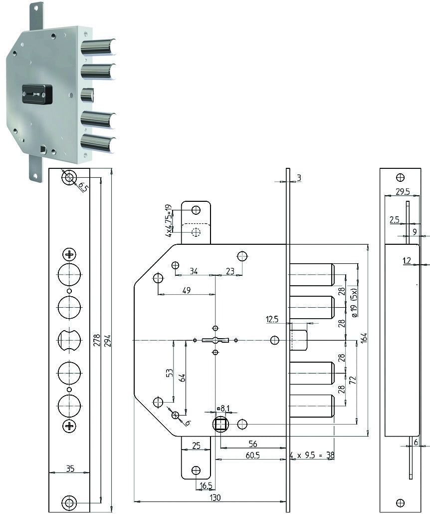 SERRATURA TRIPLICE APPLICARE CON SCROCCO DOPPIA MAPPA BLINDATE CR2155