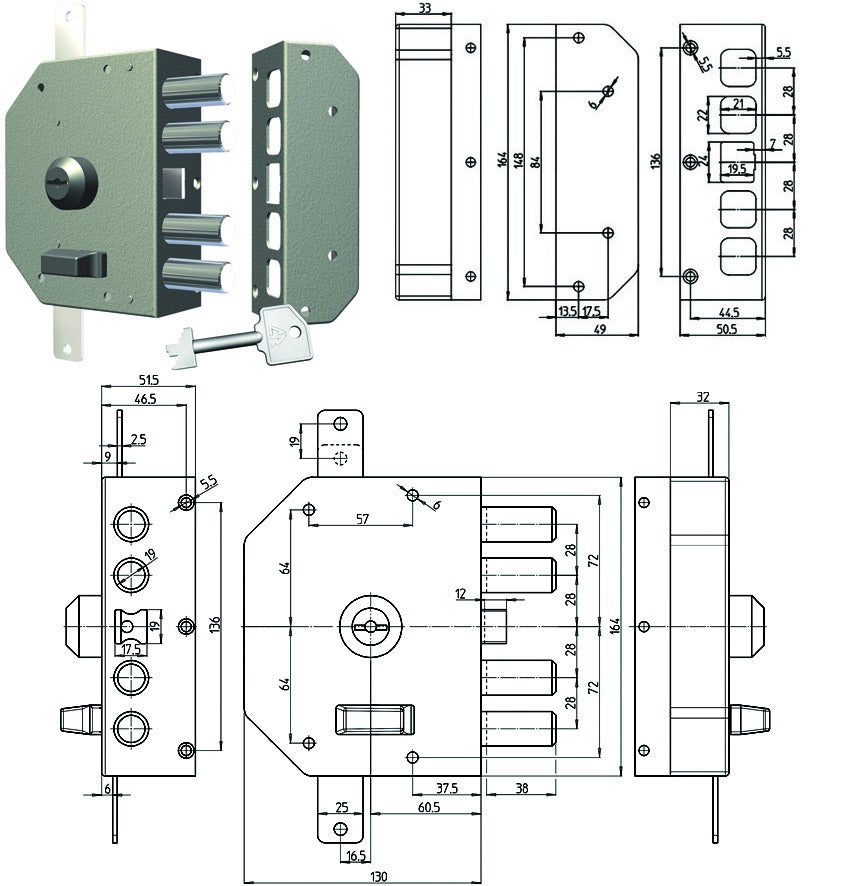 SERRATURA TRIPLICE DA APPLICARE A POMPA CON SCROCCO CR3250